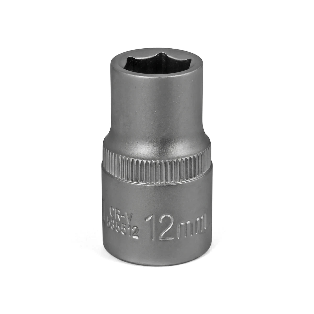 A silver 1/2-inch drive 6-point hex socket, 12mm in size, for use with wrenches and power tools.