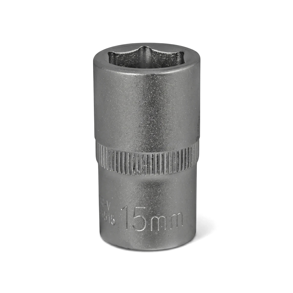 Silver 1/2-inch drive 6-point hex socket, 15mm size, for use with wrenches and ratchets in mechanical applications.