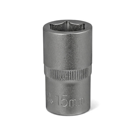 Silver 1/2-inch drive 6-point hex socket, 15mm size, for use with wrenches and ratchets in mechanical applications.
