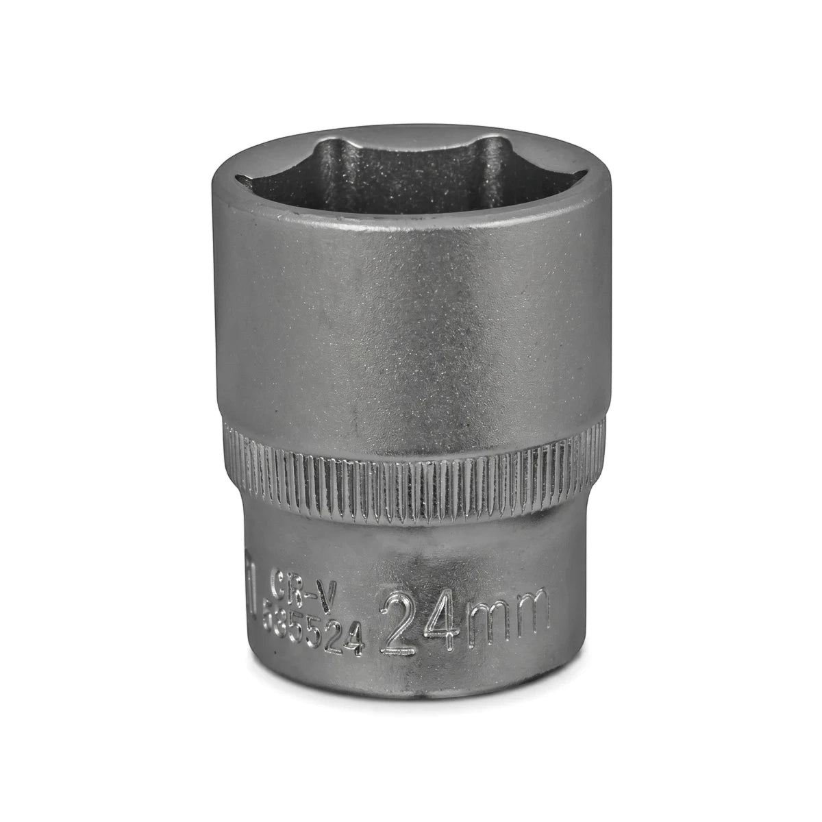 Silver 1/2-inch drive 6-point hex socket, 24mm, a durable metal hand tool for mechanic work