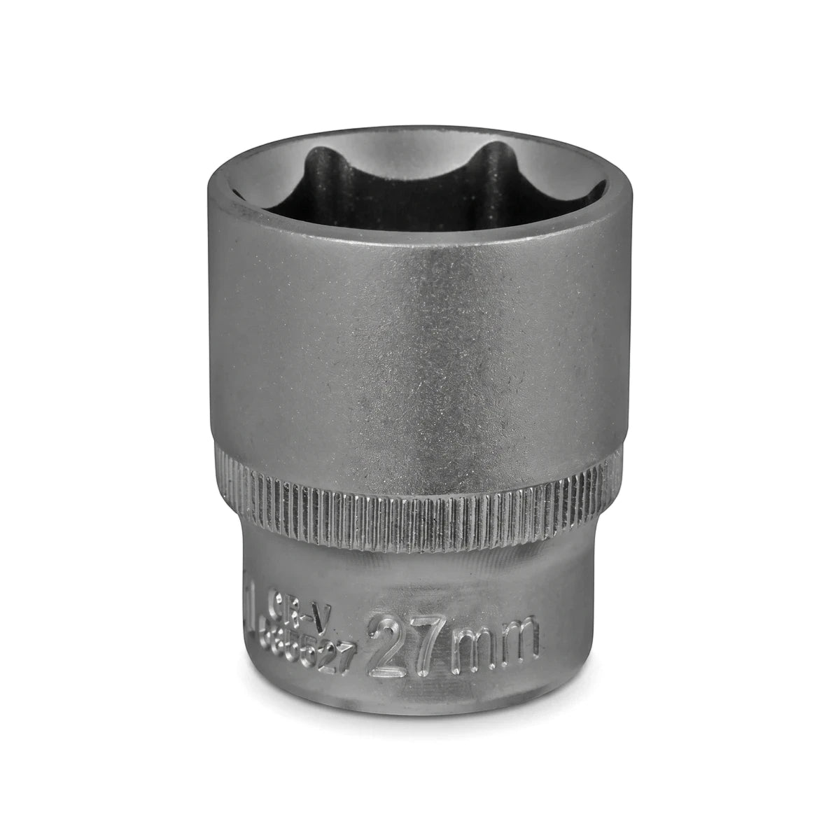 Silver 1/2-inch drive 6-point hex socket, 27mm size, crafted from durable metal, shown in a close-up view.