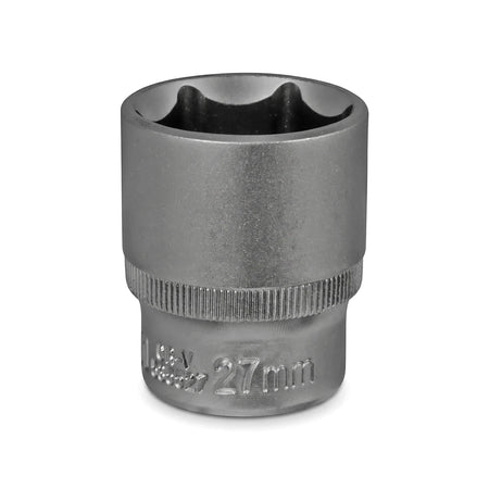 Silver 1/2-inch drive 6-point hex socket, 27mm size, crafted from durable metal, shown in a close-up view.