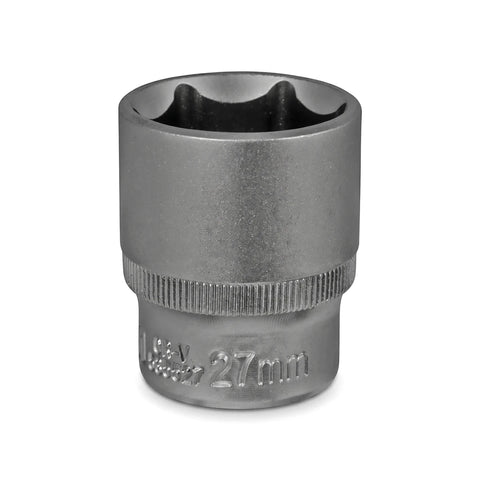 Silver 1/2-inch drive 6-point hex socket, 27mm size, crafted from durable metal, shown in a close-up view.