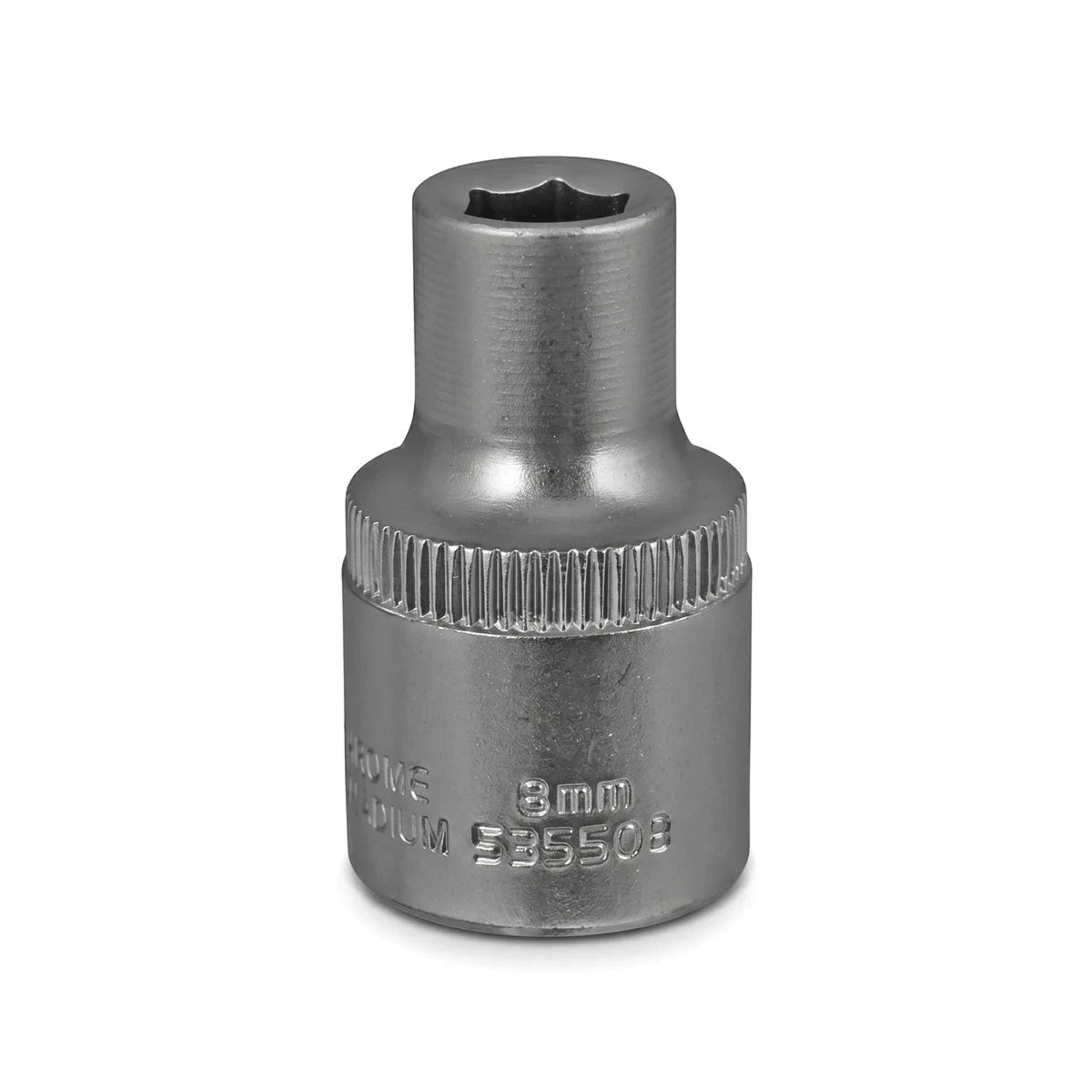 Silver 1/2-Inch Drive 6-Point Hex Socket, 8mm, a durable metallic tool for fasteners.