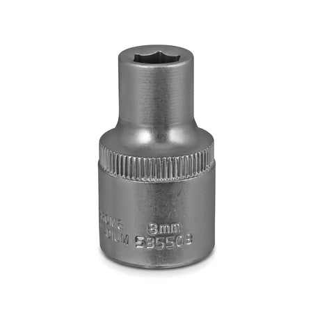 Silver 1/2-Inch Drive 6-Point Hex Socket, 8mm, a durable metallic tool for fasteners.