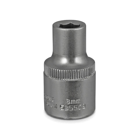 Silver 1/2-Inch Drive 6-Point Hex Socket, 8mm, a durable metallic tool for fasteners.