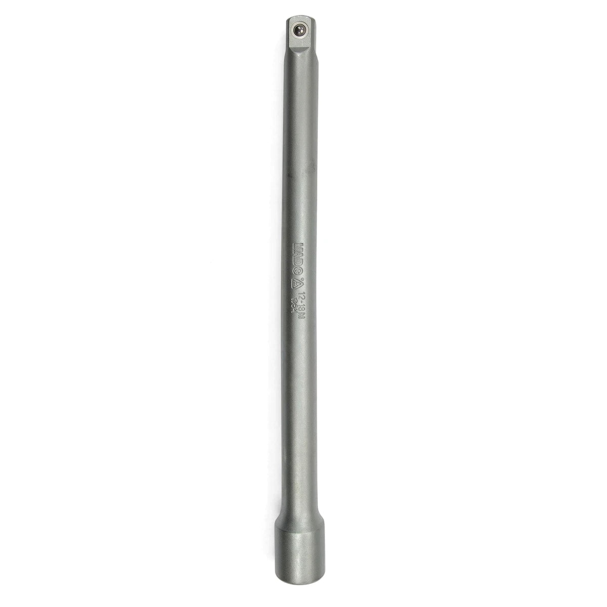 Silver 1/2-inch drive extension bar, 254mm long, made of durable metal, presented vertically for scale.