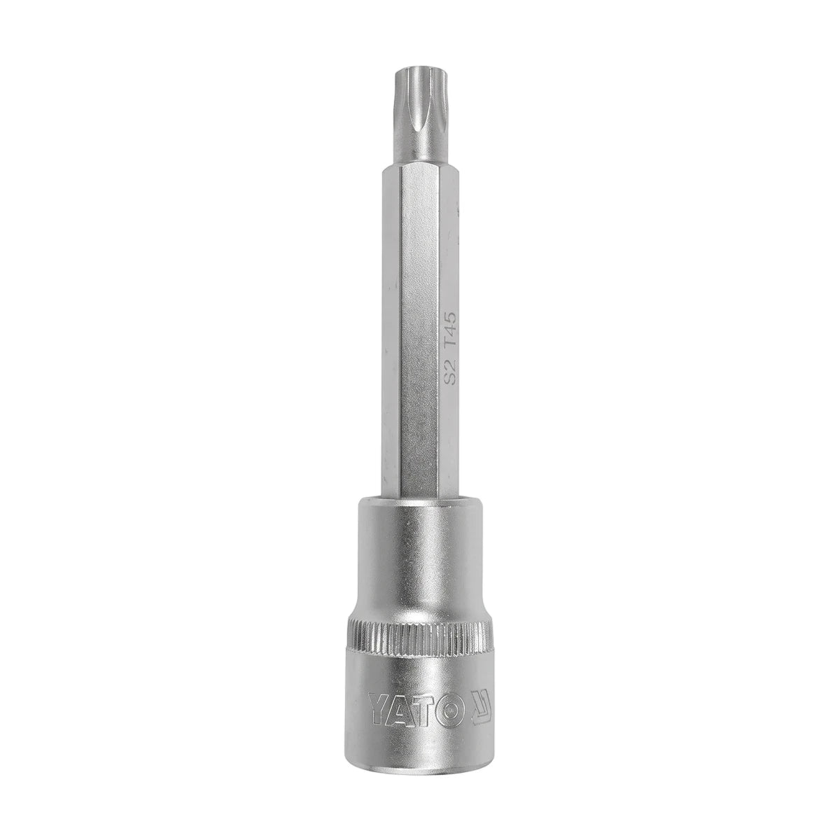 A silver 1/2-Inch Drive Long Male Torx Socket, T50, for automotive and mechanical applications, displayed vertically on a