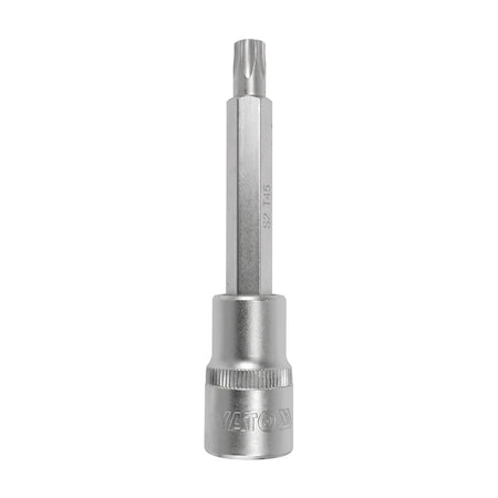 A silver 1/2-Inch Drive Long Male Torx Socket, T50, for automotive and mechanical applications, displayed vertically on a