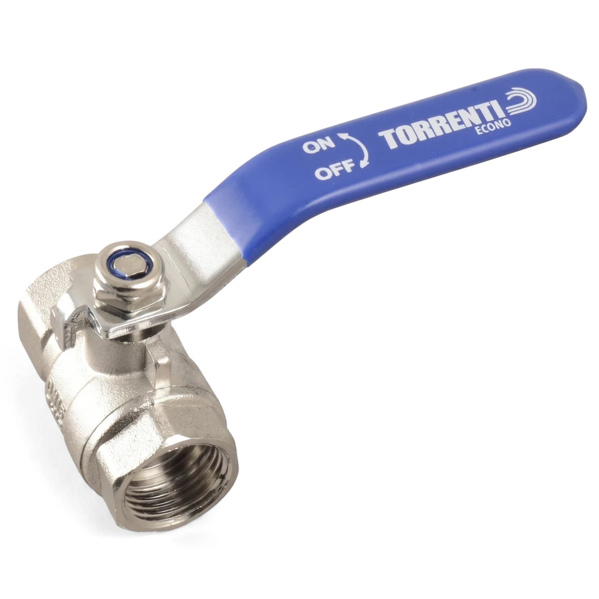 Silver 1/2 inch female-to-female lever ball valve with a blue ON/OFF handle, shown from an elevated perspective.