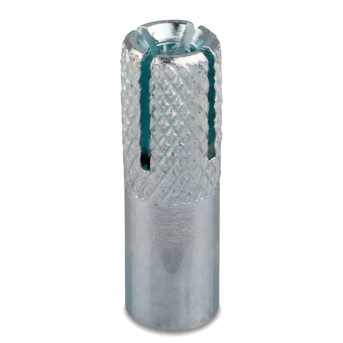 Close-up of a silver 10mm steel drop-in anchor, showcasing its cylindrical body with a distinctive knurled pattern and split