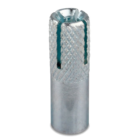 Close-up of a silver 10mm steel drop-in anchor, showcasing its cylindrical body with a distinctive knurled pattern and split
