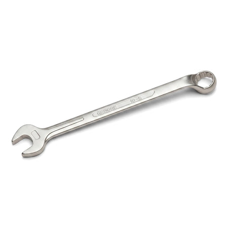Silver 11mm combination spanner, a versatile hand tool for tightening or loosening nuts and bolts, shown angled against a