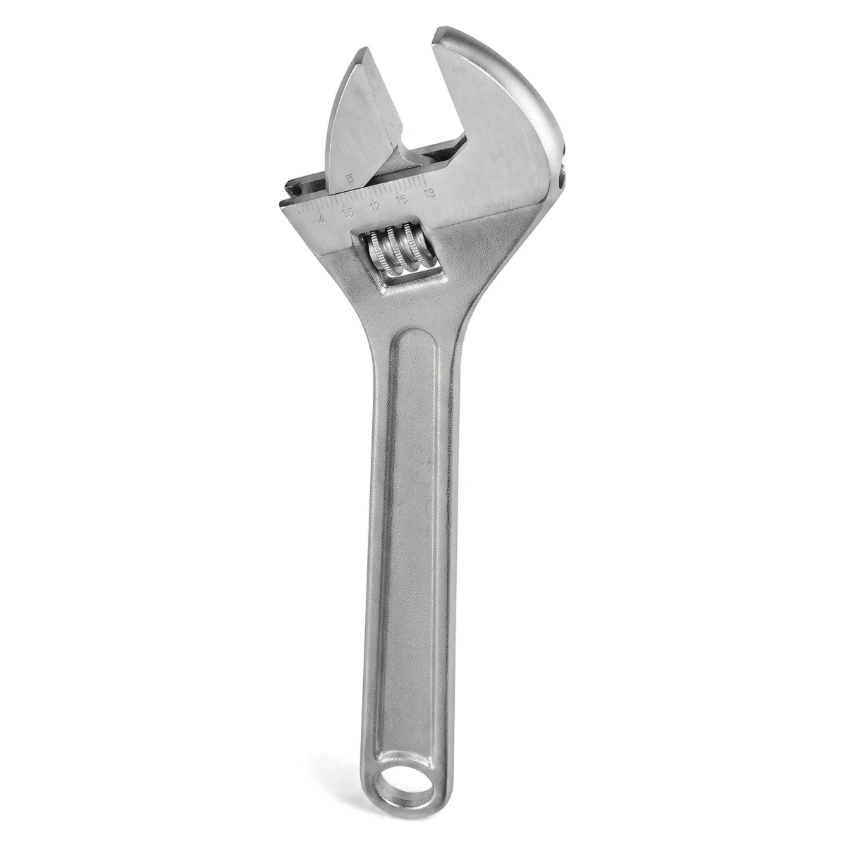A shiny silver 15-inch (375mm) adjustable wrench with a textured handle and movable jaw, positioned vertically on a white
