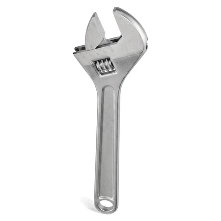 A shiny silver 15-inch (375mm) adjustable wrench with a textured handle and movable jaw, positioned vertically on a white