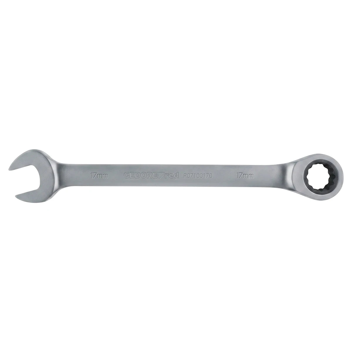 Silver 17mm combination ratchet spanner with an open-end wrench on one side and a gear-shaped ratchet on the other for