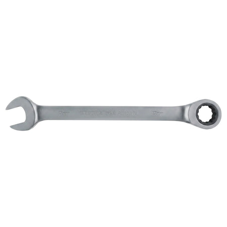 Silver 17mm combination ratchet spanner with an open-end wrench on one side and a gear-shaped ratchet on the other for