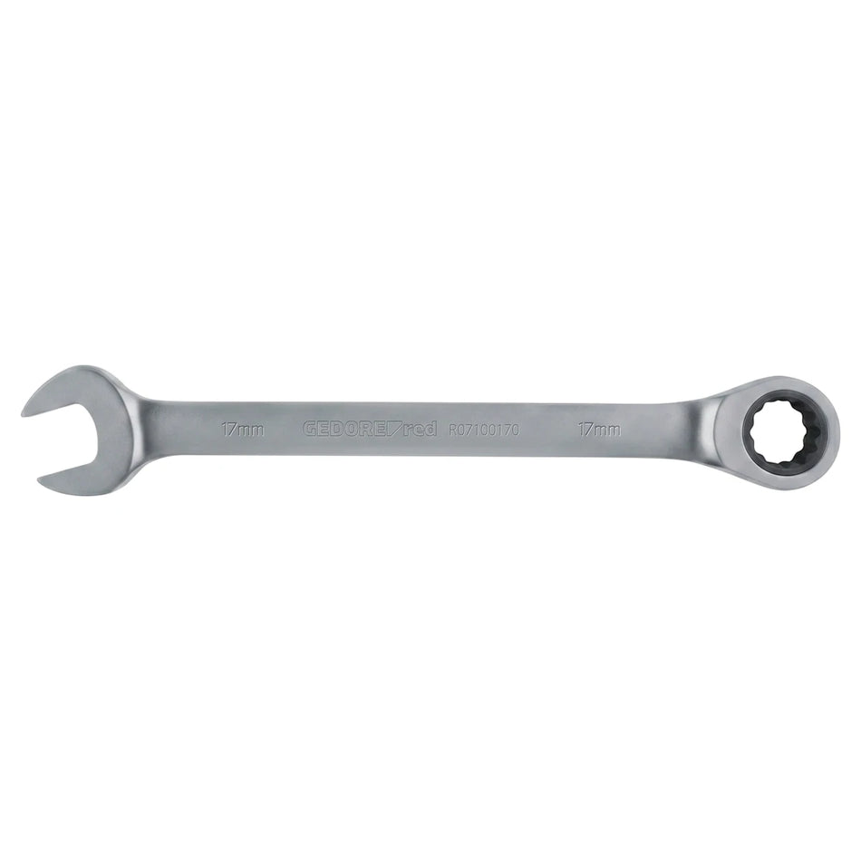 Silver 17mm combination ratchet spanner with an open-end wrench on one side and a gear-shaped ratchet on the other for