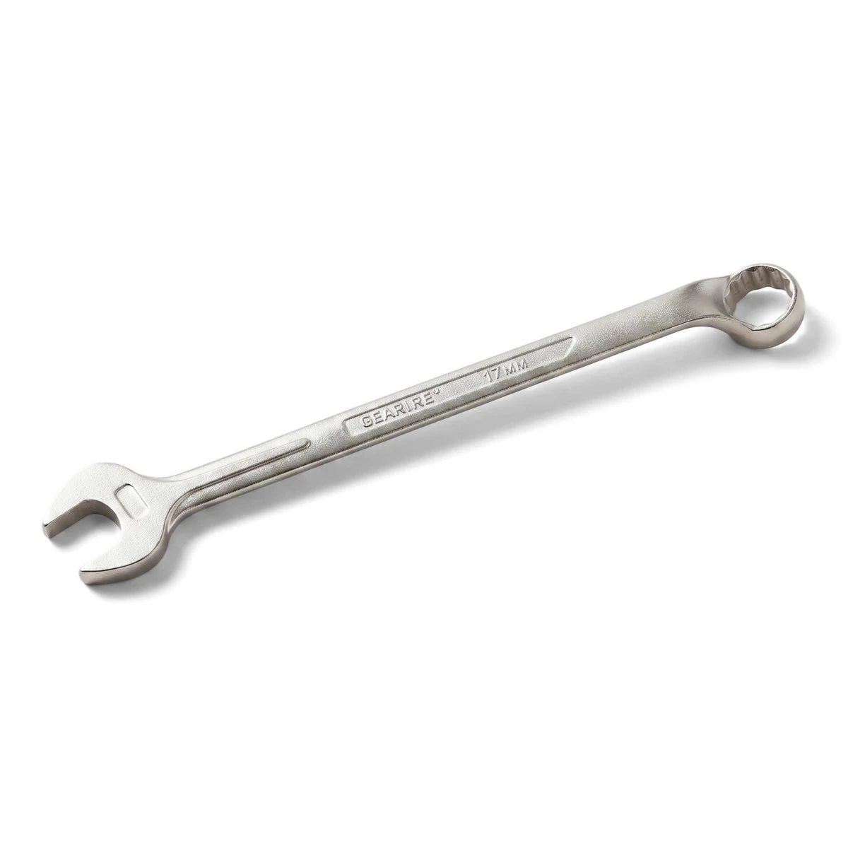 Silver 17mm combination spanner, a durable metal hand tool with an open-ended wrench and a ring-ended wrench.