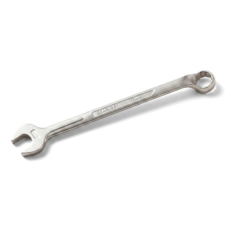 Silver 17mm combination spanner, a durable metal hand tool with an open-ended wrench and a ring-ended wrench.