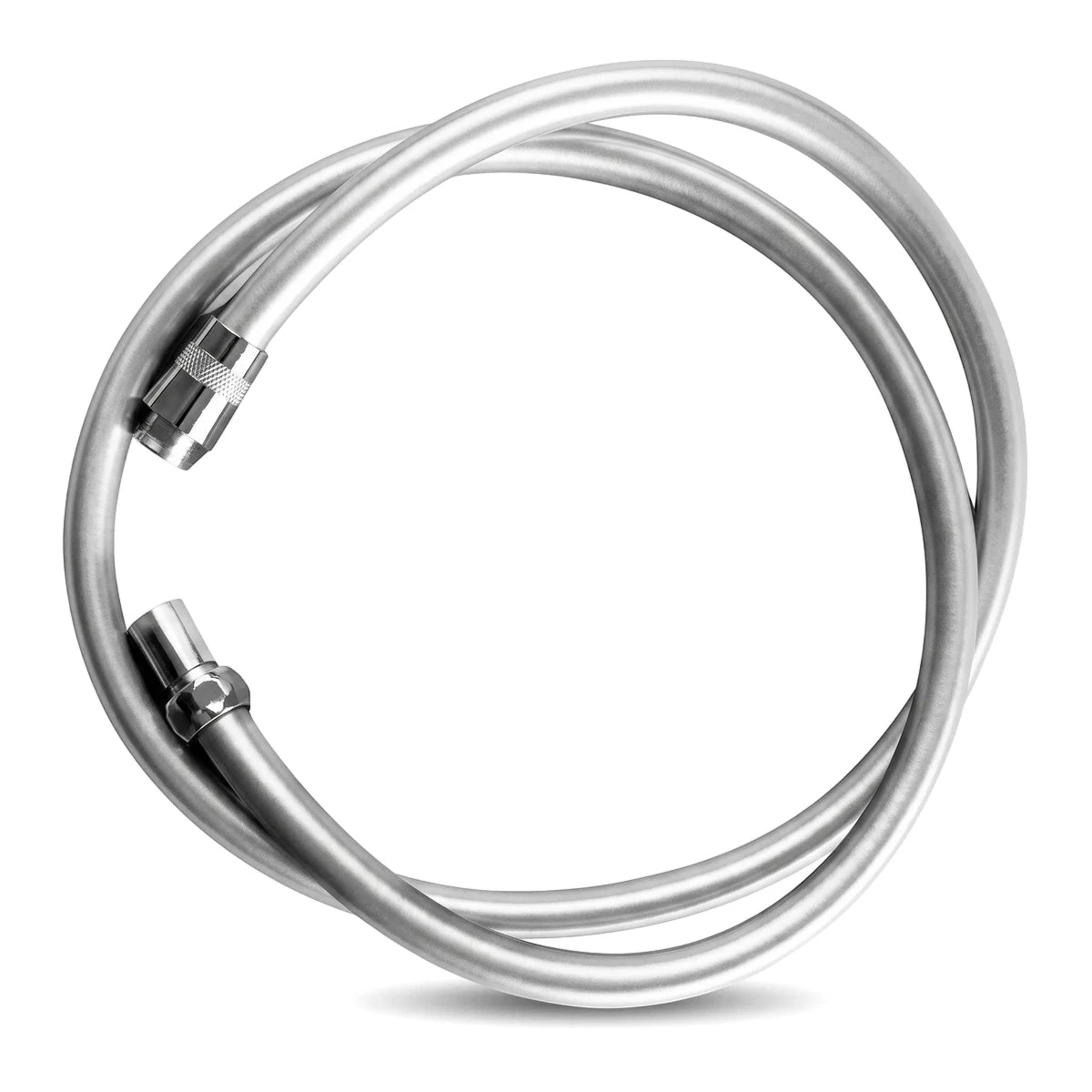Silver 1800mm x 1/2 inch flexible metallic shower hose coiled in a round shape, showcasing its connectors.