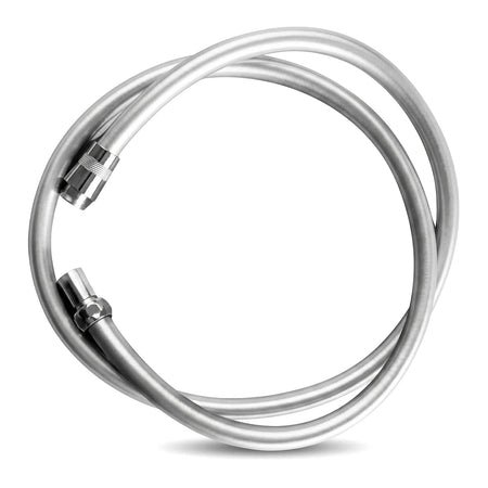Silver 1800mm x 1/2 inch flexible metallic shower hose coiled in a round shape, showcasing its connectors.
