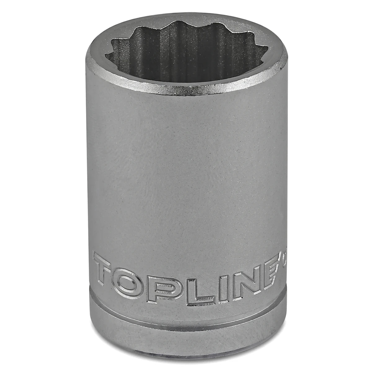 Close-up of a silver 18mm 1/2-Inch Drive 6-Point Hex Socket with a 12-point spline interior and TOPLINE branding.
