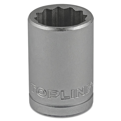 Close-up of a silver 18mm 1/2-Inch Drive 6-Point Hex Socket with a 12-point spline interior and TOPLINE branding.