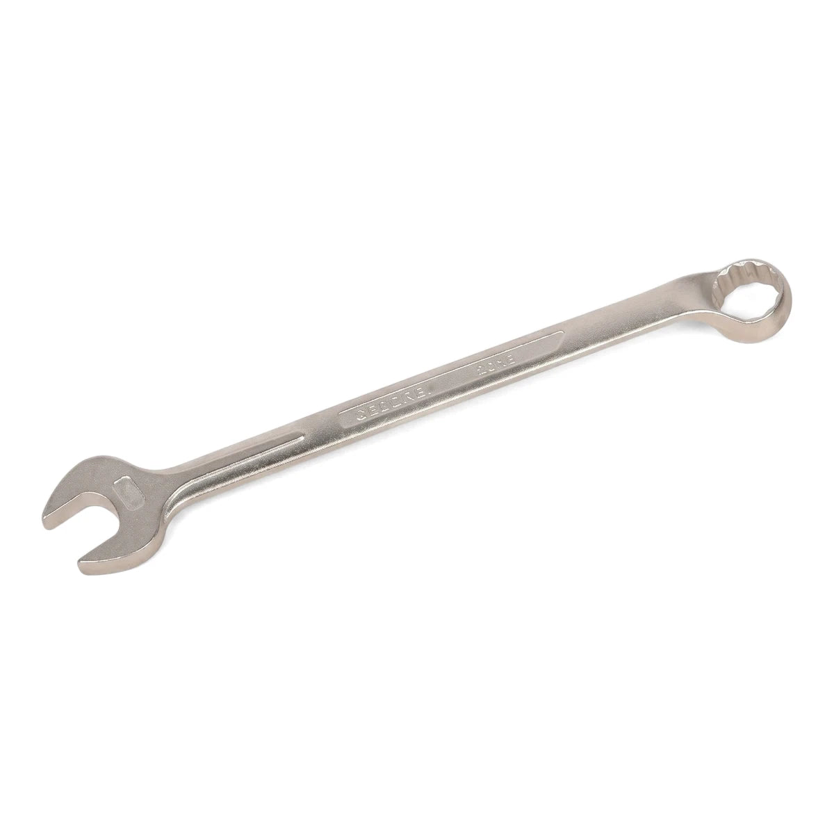 Silver 20mm combination spanner with open and ring ends, made of durable metal, shown angled diagonally on a white