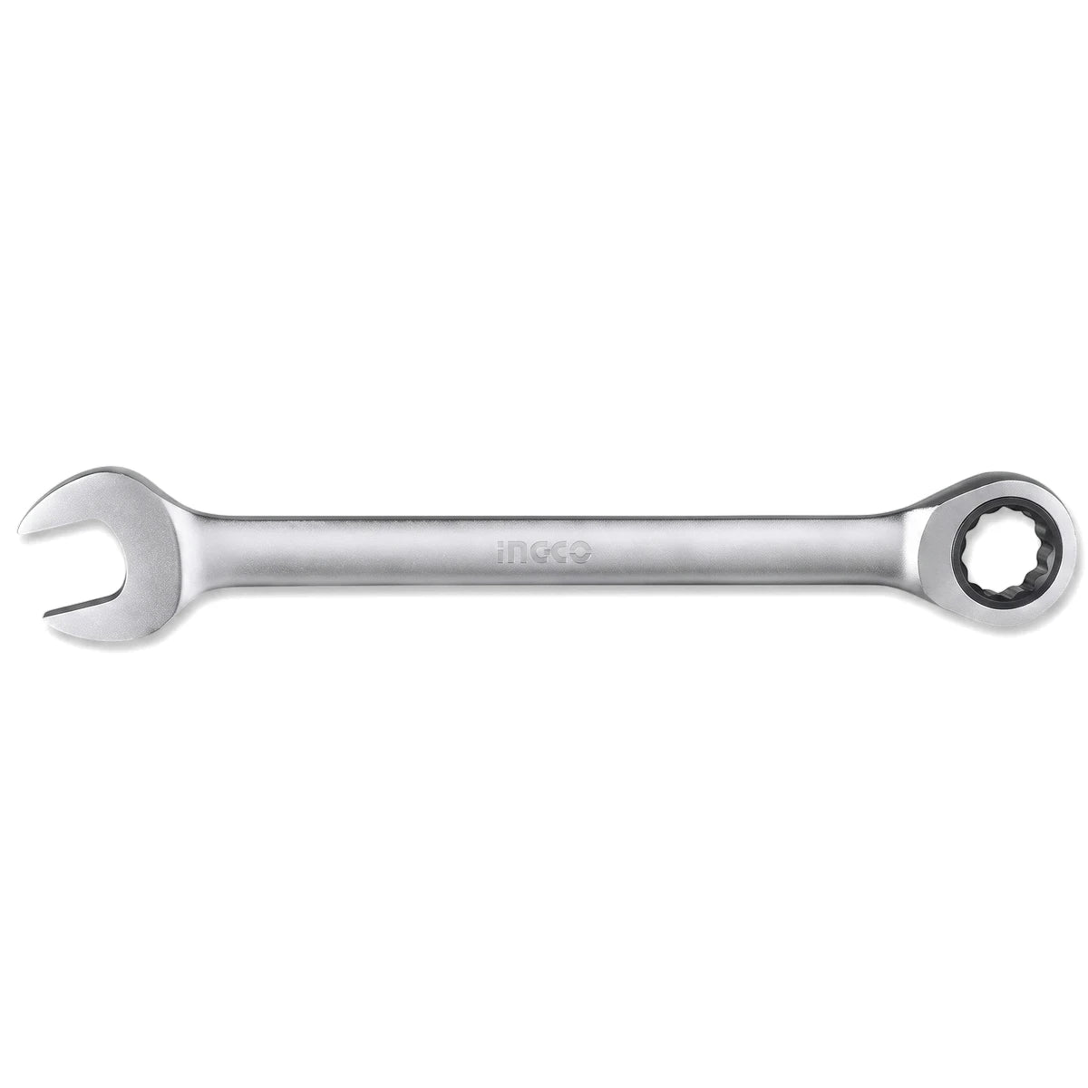 Silver 21mm ratchet spanner by Ingco, a versatile mechanic's tool for tightening and loosening fasteners.