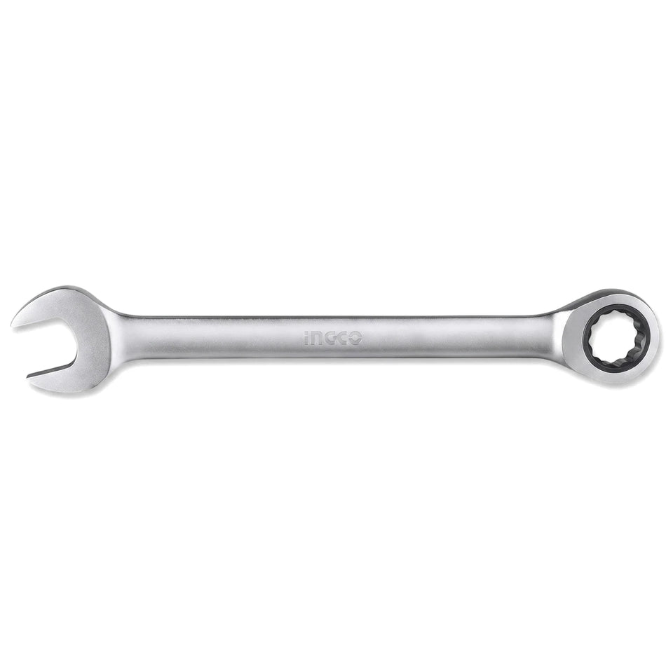 Silver 21mm ratchet spanner by Ingco, a versatile mechanic's tool for tightening and loosening fasteners.