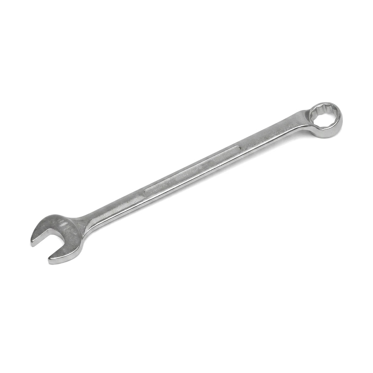 A silver 22mm combination spanner, a metal hand tool with an open end and a ring end, displayed diagonally on a white