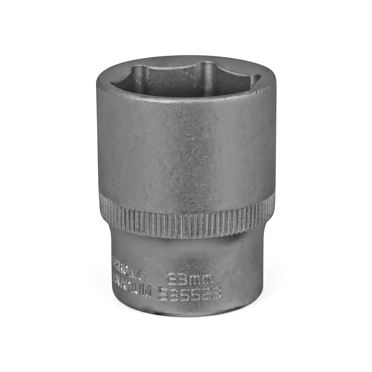 A silver 23mm 1/2-inch drive 6-point hex socket tool, made of chrome vanadium steel, displayed upright with visible size