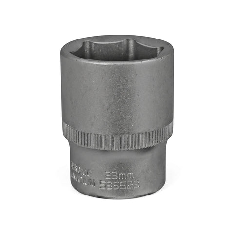 A silver 23mm 1/2-inch drive 6-point hex socket tool, made of chrome vanadium steel, displayed upright with visible size