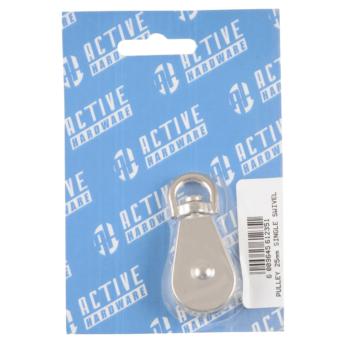 Silver 25mm single swivel pulley in clear blister packaging on a blue Active Hardware branded card, front view.