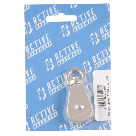 Silver 25mm single swivel pulley in clear blister packaging on a blue Active Hardware branded card, front view.