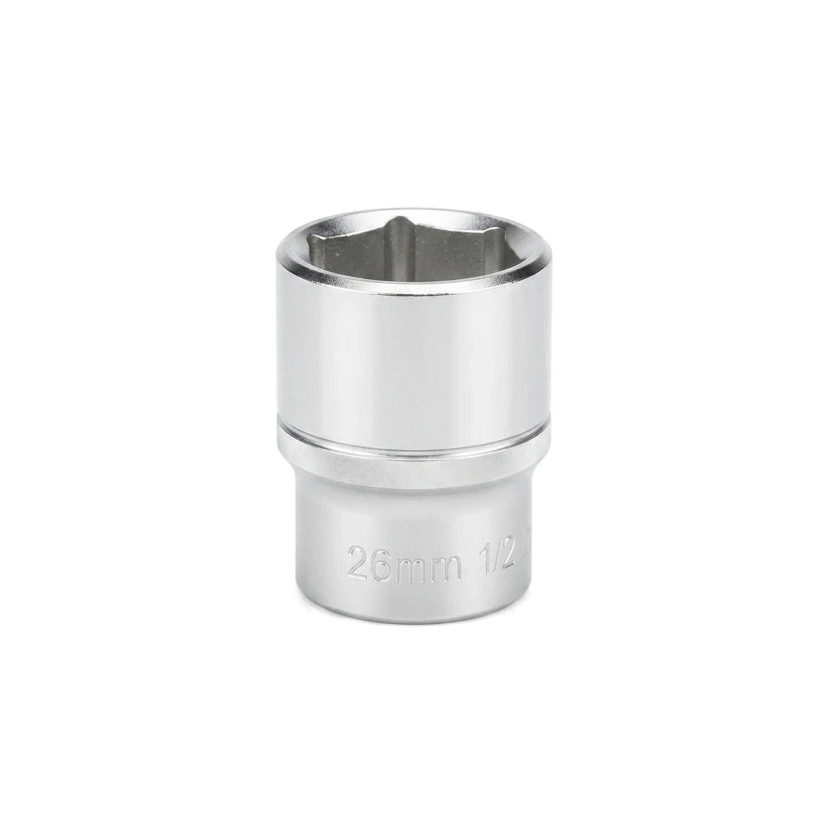 Silver 26mm 1/2-Inch Drive 6-Point Hex Socket for automotive or mechanical tasks.