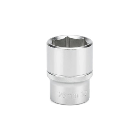 Silver 26mm 1/2-Inch Drive 6-Point Hex Socket for automotive or mechanical tasks.