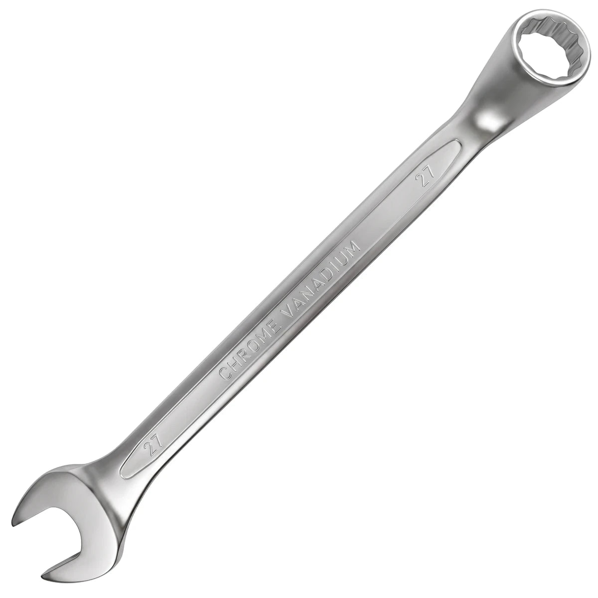 Silver 27mm deep offset combination spanner crafted from chrome vanadium steel, showcasing both open and box ends.