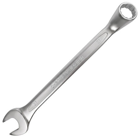 Silver 27mm deep offset combination spanner crafted from chrome vanadium steel, showcasing both open and box ends.