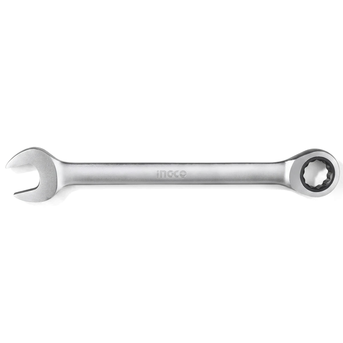Silver 27mm Ingco combination ratchet spanner, a durable hand tool for tightening and loosening fasteners.
