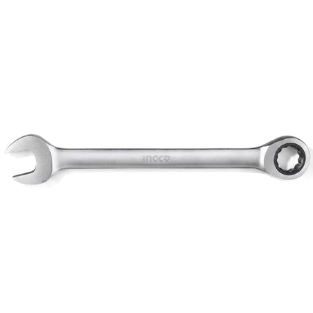 Silver 27mm Ingco combination ratchet spanner, a durable hand tool for tightening and loosening fasteners.