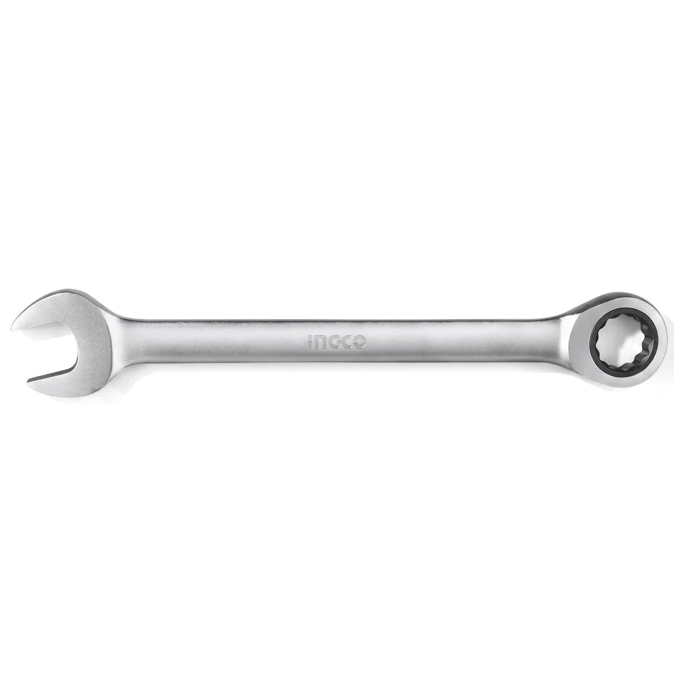 Silver 27mm Ingco combination ratchet spanner, a durable hand tool for tightening and loosening fasteners.