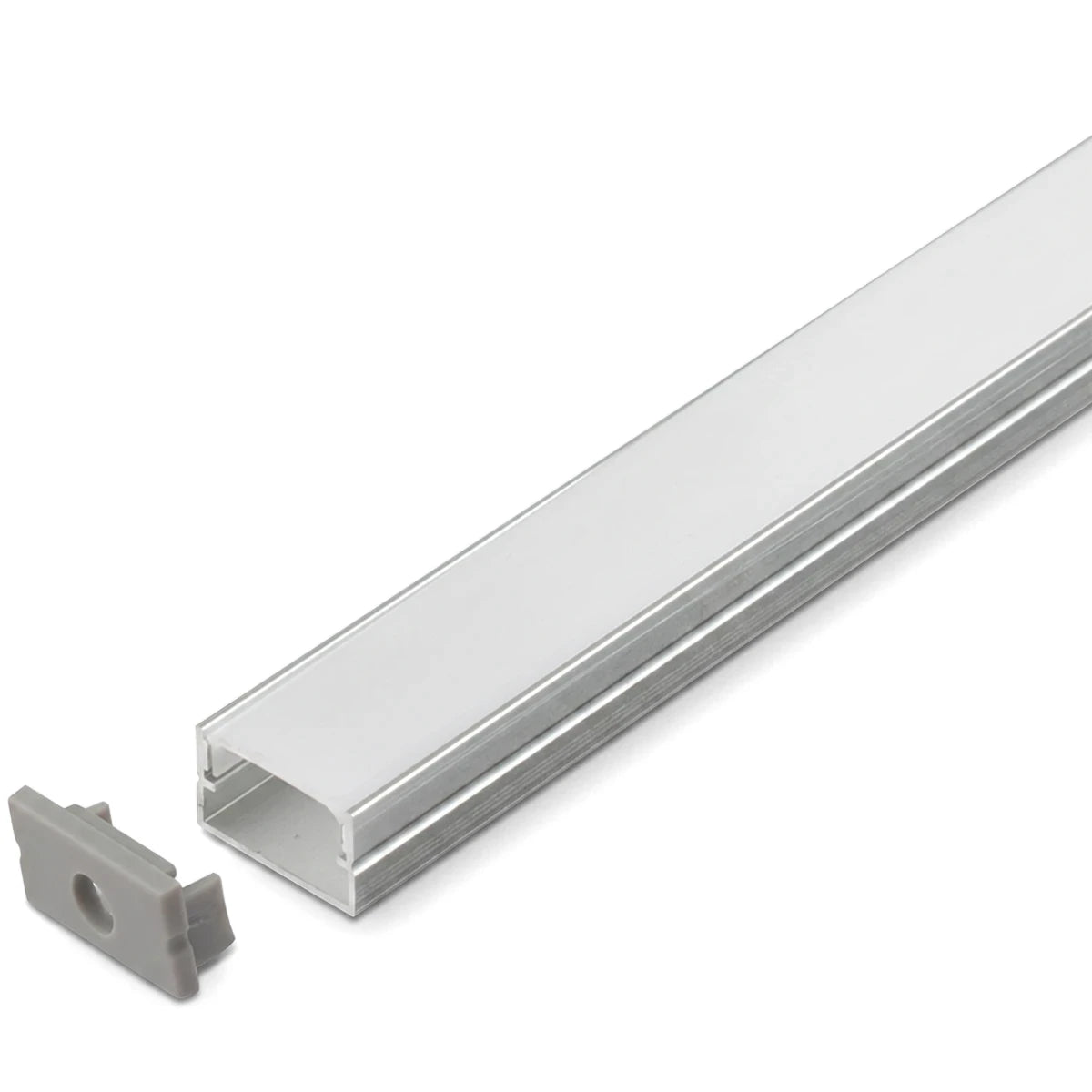 Silver 2M surface mount aluminum extrusion profile with a translucent cover and two end caps, shown at an angle.