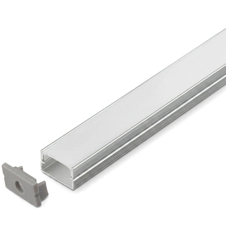 Silver 2M surface mount aluminum extrusion profile with a translucent cover and two end caps, shown at an angle.