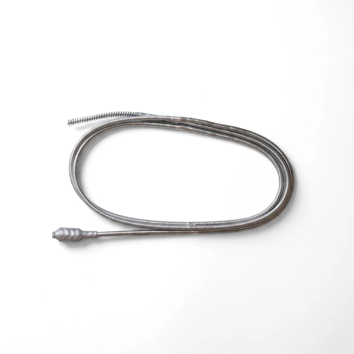 Silver 3.6M drain pipe and sink cleaner, coiled, with flexible tube, brush head, and tapered end.