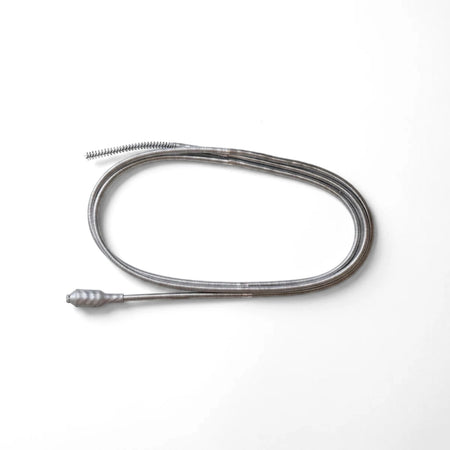Silver 3.6M drain pipe and sink cleaner, coiled, with flexible tube, brush head, and tapered end.