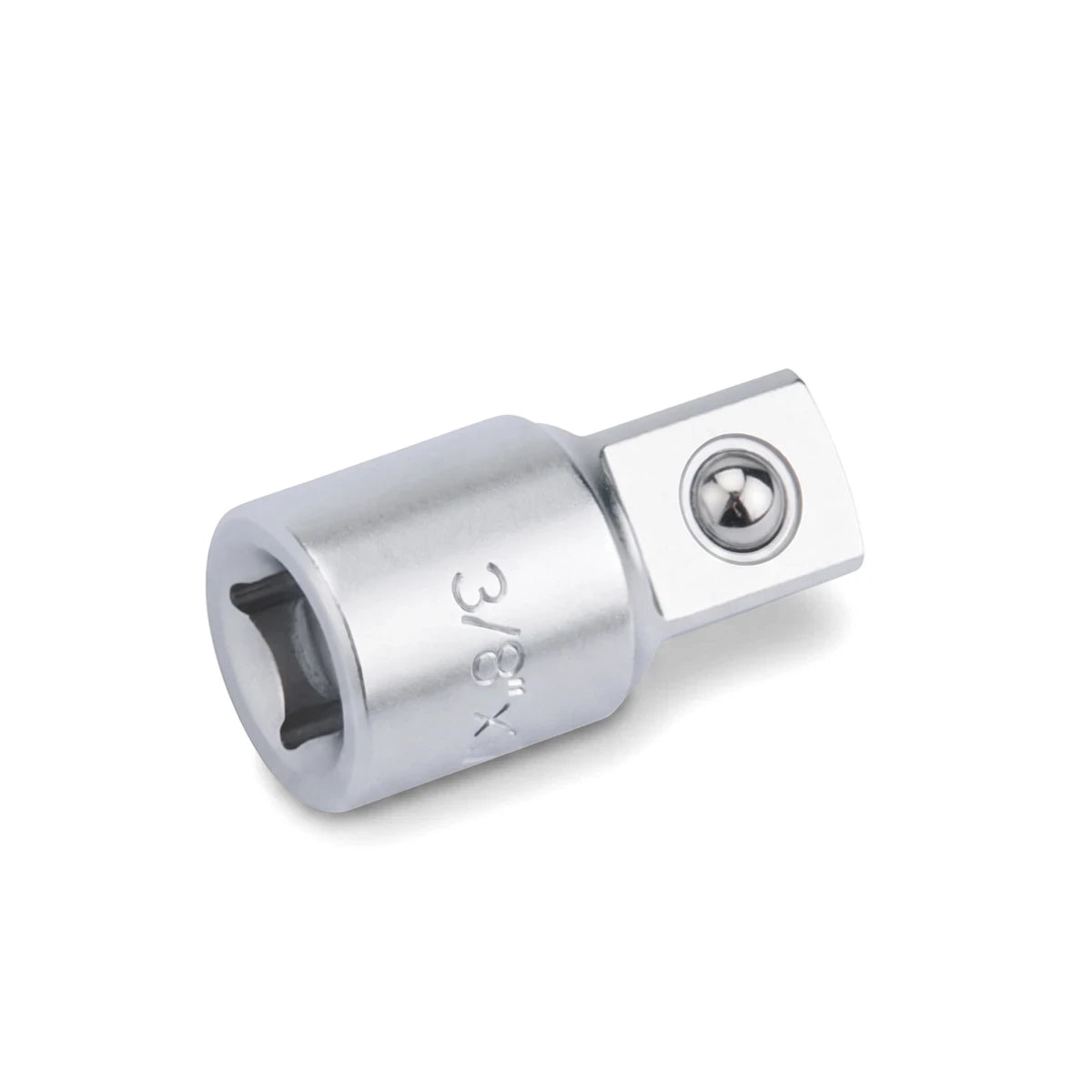 Silver metallic 3-Way Socket Adapter featuring 3/8-inch and 1/2-inch square drives, shown at an angle on a white background.