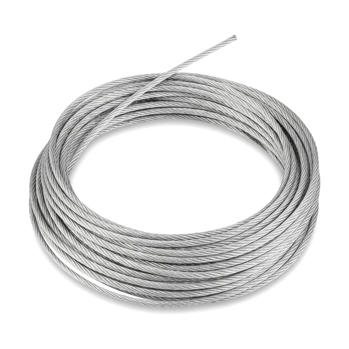 Silver 3.0 mm uncoated steel wire rope, coiled for 25 meters, suitable for various hardware and cable applications.