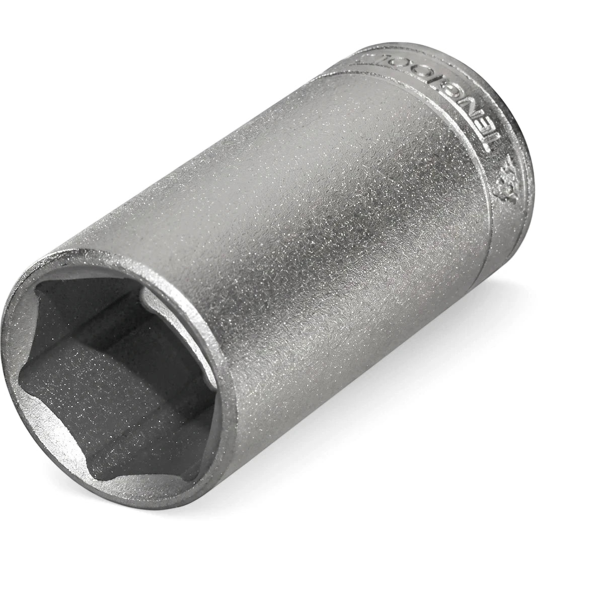 Silver 6mm 1/4-inch drive 6-point deep socket, metallic, angled view showing the hexagonal opening and TengTools branding.